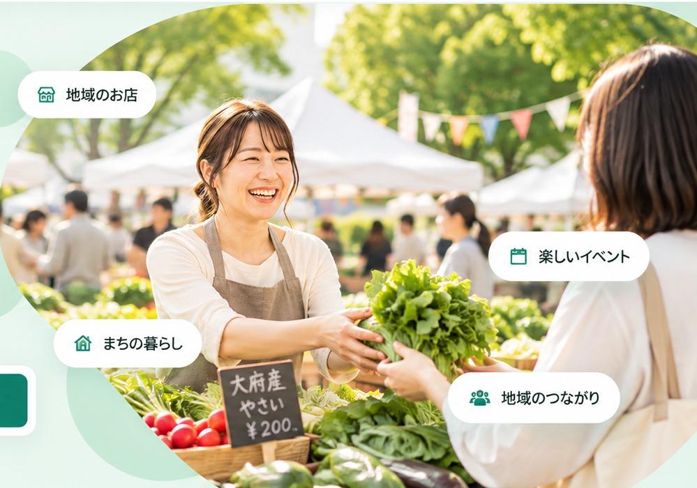マルシェで野菜を手渡しながら笑顔で交流する様子のイメージ